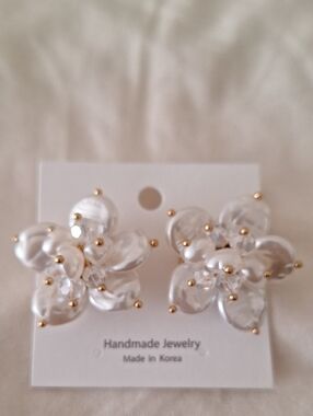 Handmade Pearl-Effect Floral Statement Earrings with Gold Accents